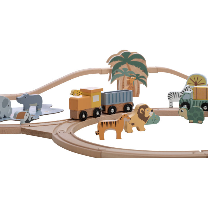 Free2Play lesena železnica z vagoni in živalsko druščino